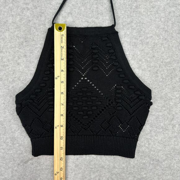 Hunter & Brown Halter Crop Top S Black Crochet Knit Backless Adjustable Tie-Back - Picture 10 of 11